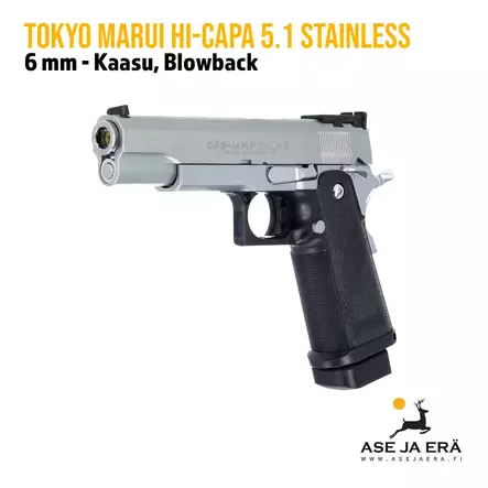 Tokyo Marui Hi-Capa 5.1 Stainless 6 mm Airsoft pistooli -blowback - Pistoolit ja -revolverit - 4952839142320 - 2
