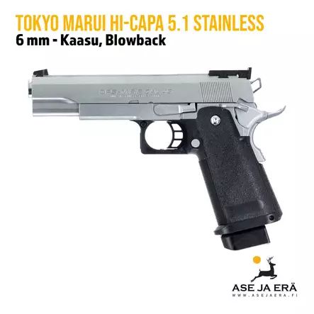Tokyo Marui Hi-Capa 5.1 Stainless 6 mm Airsoft pistooli -blowback - Pistoolit ja -revolverit - 4952839142320 - 1