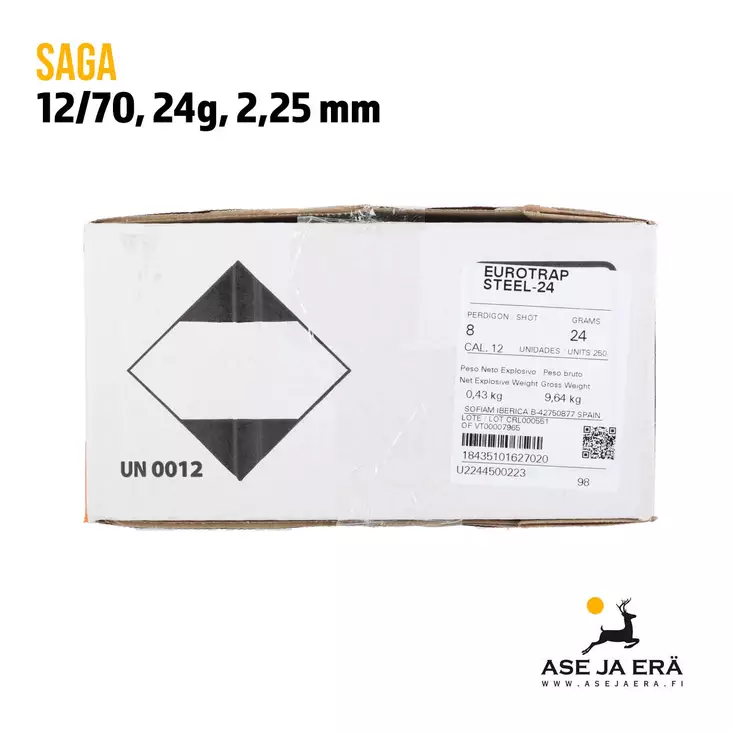 12/70 Saga Steel Trap 8 24g 2,25mm 250kp - Haulikon ratapatruunat - 18435101627020 - 1