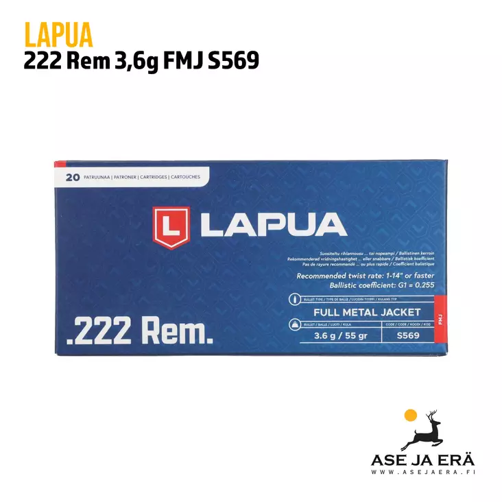 222 Rem Lapua 3,6g S569 FMJ kokovaippainen kiväärinpatruuna - 222 kaliiperi - 6418267103640 - 1