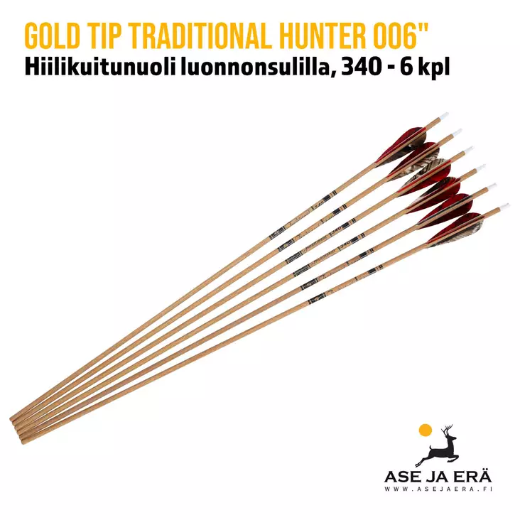 Gold Tip Traditional Hunter 006" hiilikuitunuoli luonnonsulilla, 340 - 6 kpl - yleiskuva kuusi nuolta - Hiilikuitunuolet - 791331880460 - 1