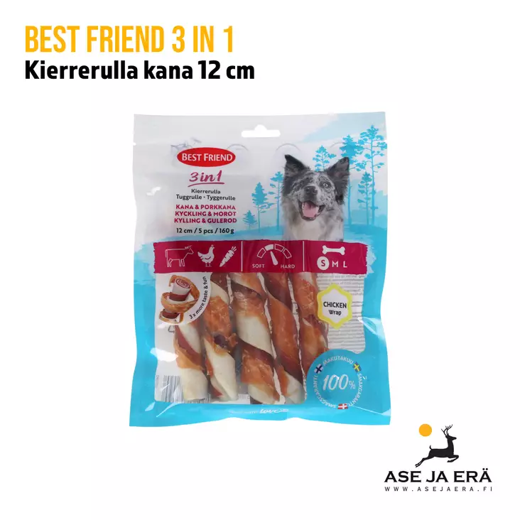 Best Friend 3 in 1 kierrerulla kana&porkkana 12cm 5kpl 160g - Koiran herkut ja puruluut - 5700551172090 - 1