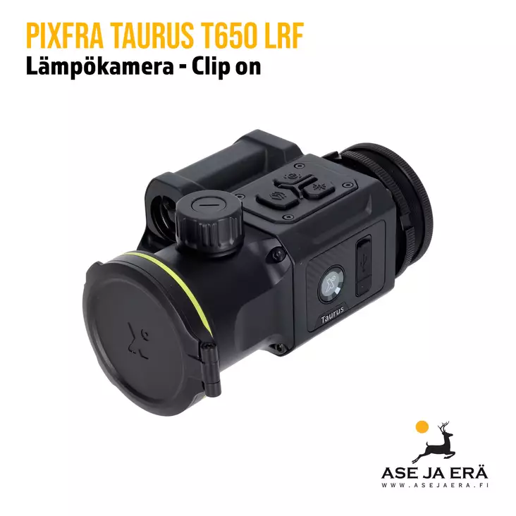 Pixfra Taurus T650LRF Clip-on kiikaritähtäimen lämpölisäosa etäisyysmittarilla - yleiskuva etuviistosta vasemmalta - Clip On -Lämpölisäosa - 6976144451340 - 1