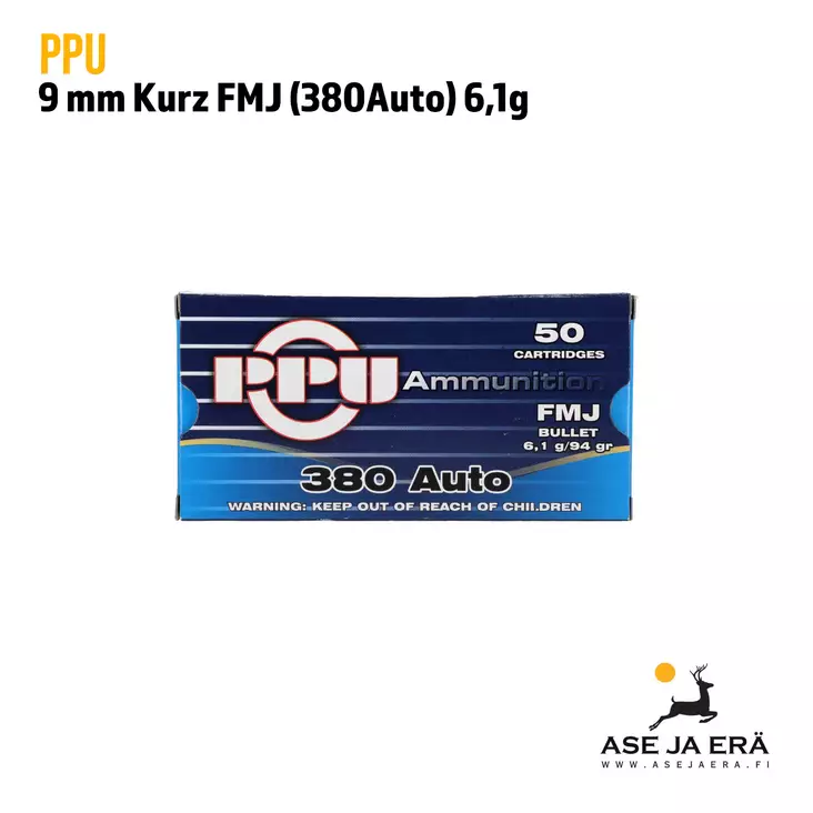PPU 9 mm Kurz FMJ (380Auto) 6,1g Pistoolinpatruuna - 9mm pistoolin patruunat - 8605003800040 - 1