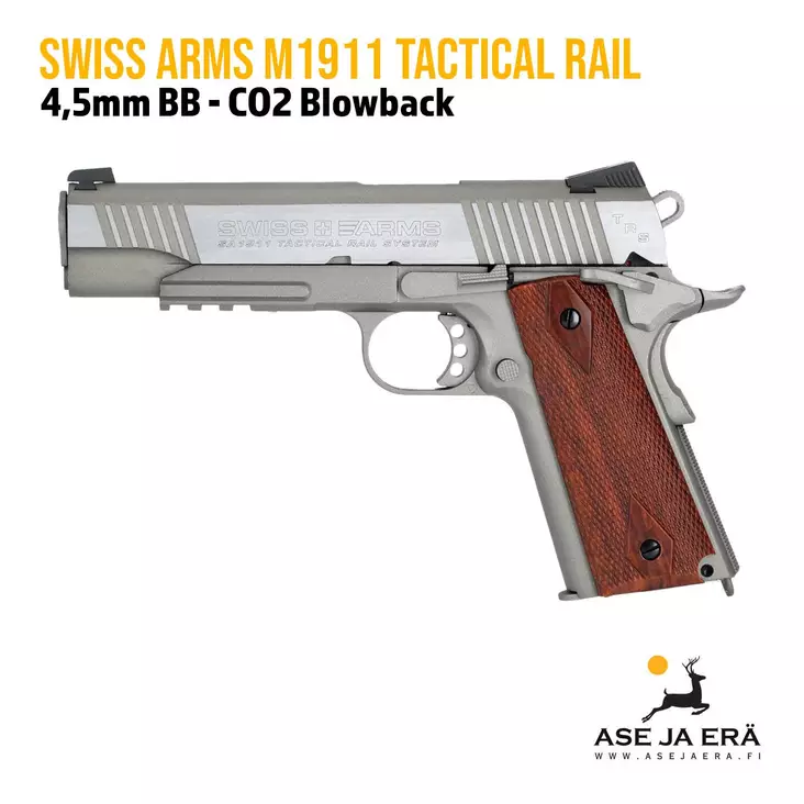 Swiss Arms M1911 Tactical Rail metallirunkoinen Blowback 4,5mm CO2 ilmapistooli - BB kuula ilmapistoolit - 3559962885080 - 1