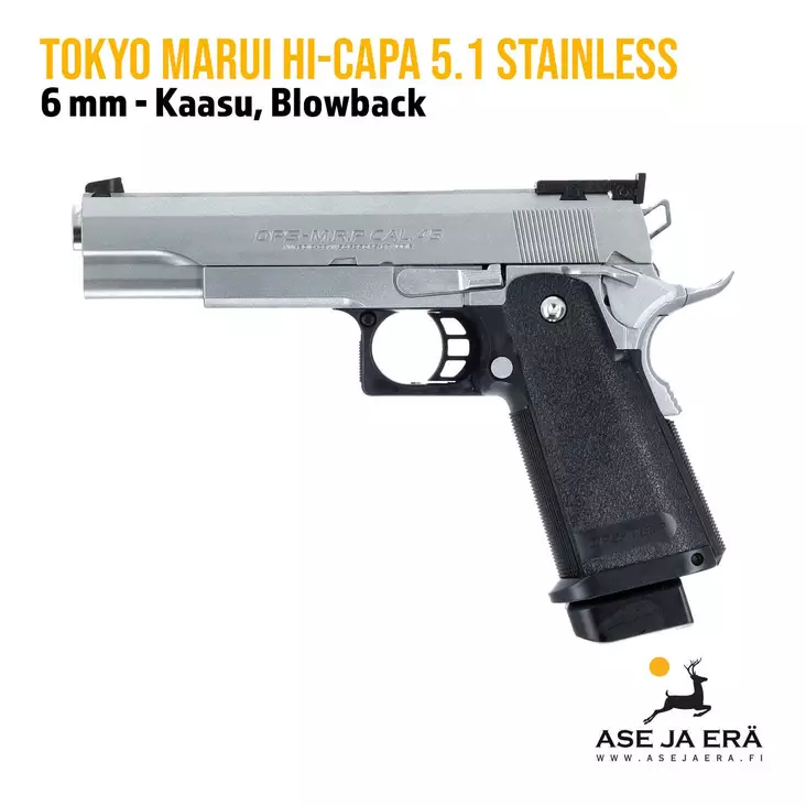Tokyo Marui Hi-Capa 5.1 Stainless 6 mm Airsoft pistooli -blowback - Pistoolit ja -revolverit - 4952839142320 - 1