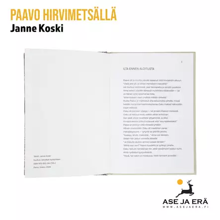 Paavo hirvimetsällä Janne Koski Lapsen ensimmäinen matka metsälle - Ensimmäinen aukeama - Kirjat ja julkaisut - 978-952-88-1790-1 - 2