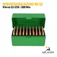 MTM RM-50 22-250-308Win patruunalaatikko 50 patruunalle, Flip-Top Vihreä - edestä, kansi avattuna, patruunat paikallaan - Kiväärin patruunoille - 026057213101 - 5