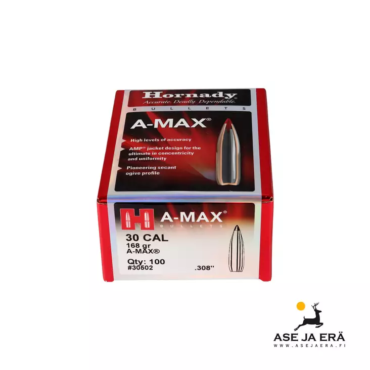 Hornady A-Max 30 cal 168 gr luoti 100 kpl - .30 luodit - 090255275131 - 1