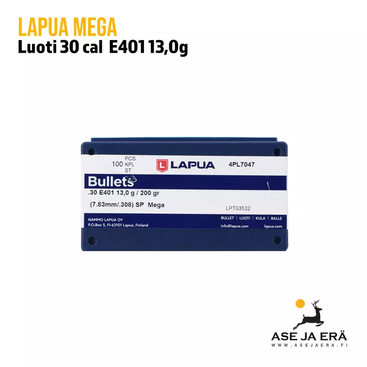 30 cal Lapua Mega E401 13,0g luoti 100kpl - .30 luodit - 6418267300421 - 3