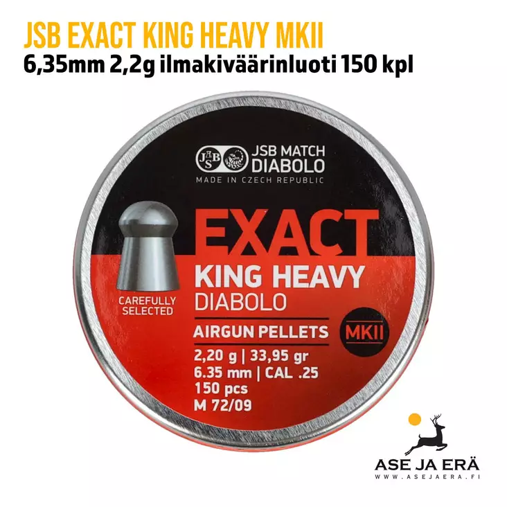 JSB Exact King Heavy MKII 6,35mm 2,2g ilmakiväärinluoti 150 kpl - rasia edestä - 6,35 mm luodit - 8594180450851 - 1