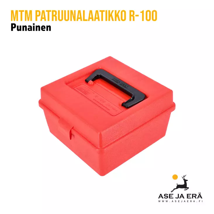 MTM R-100 patruunalaatikko, Punainen - yleiskuva etuviistosta vasemmalta, kansi kiinni - Kiväärin patruunoille - 026057219301 - 1