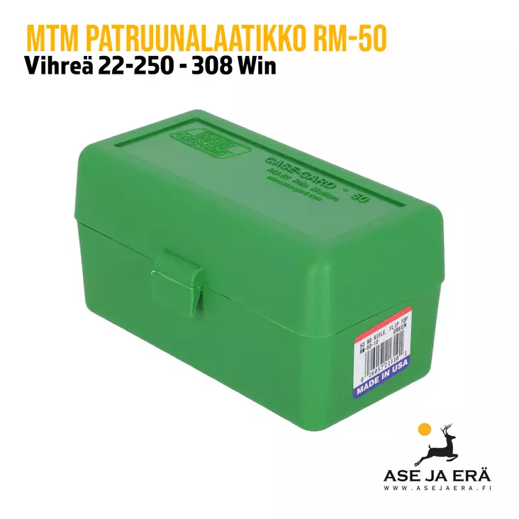 MTM RM-50 22-250-308Win patruunalaatikko 50 patruunalle, Flip-Top, Vihreä - yleiskuva - Kiväärin patruunoille - 026057213101 - 2