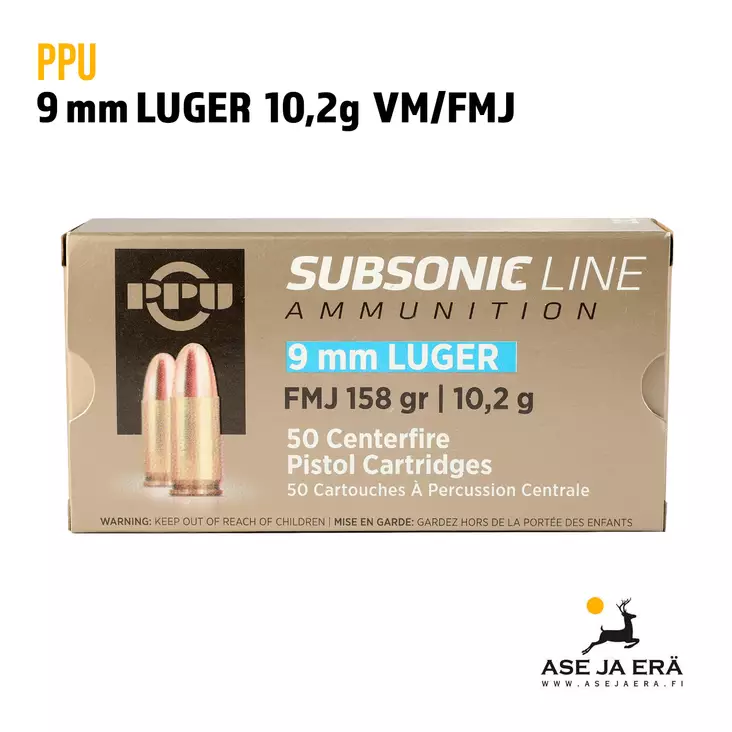 PPU 9 mm Para Subsonic 10,2g FMJ pistoolipatruuna - 9mm pistoolin patruunat - 8605003810131 - 1