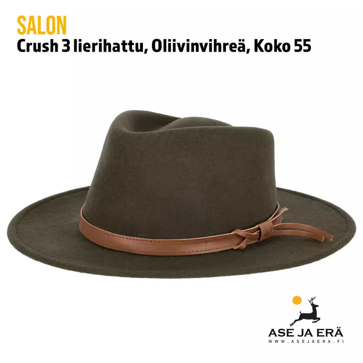 Salon Crush 3 lierihattu, Oliivinvihreä, Koko 55, yleiskuva etuviistosta - Metsästyshatut - 6419647007831 - 1
