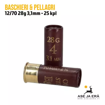 Baschieri & Pellagri 12/70 28g 3,1mm 25 kpl haulikonpatruuna kaksi patruunaa edestä - 12/70 metsästyspatruunat - 8057502106022 - 2