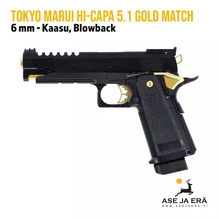 Tokyo Marui Hi-Capa 5.1 Gold Match 6 mm Airsoft pistooli -blowback - Pistoolit ja -revolverit - 4952839142672 - 1