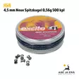 4,5 mm H&N Neue Spitzkugel 0,56g ilmakivääriluoti, 500 kpl - rasia sivusta, kaksi luoteja vieressä - 4,5 mm ilmakivääriluodit - 4047058002552 - 3