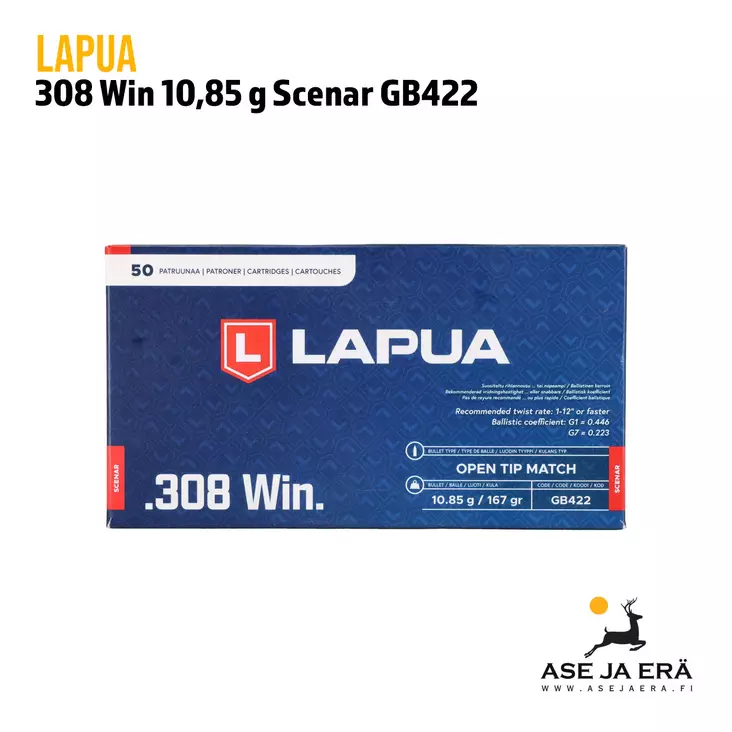 308 Lapua 10,85 g Scenar kivääripatruuna GB422 50 kpl - 308 kaliiperi - 6418267101622 - 4