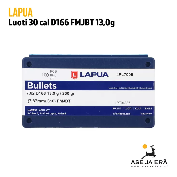 30 cal Lapua D166 FMJBT 13 G kokovaippaluoti - .30 luodit - 2037755358092 - 4