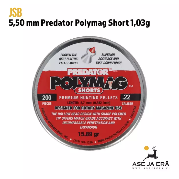 5,5mm JSB Predator Polymag Short ilma-ase luoti 200 kpl - yleiskuva rasian kannesta - 5,5 mm luodit - 8594180450752 - 6