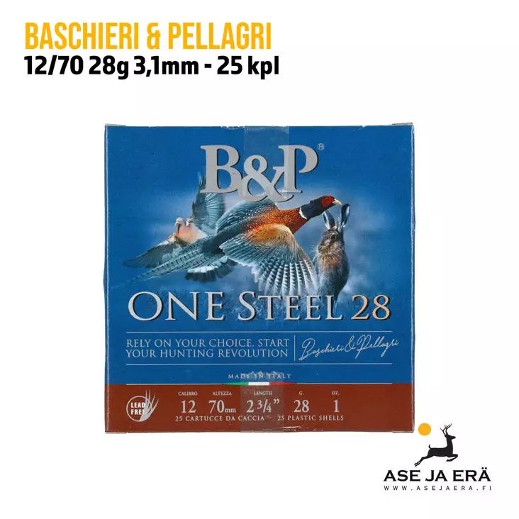 Baschieri & Pellagri 12/70 28g 3,1mm 25 kpl haulikonpatruuna rasia edestä - 12/70 metsästyspatruunat - 8057502106022 - 1