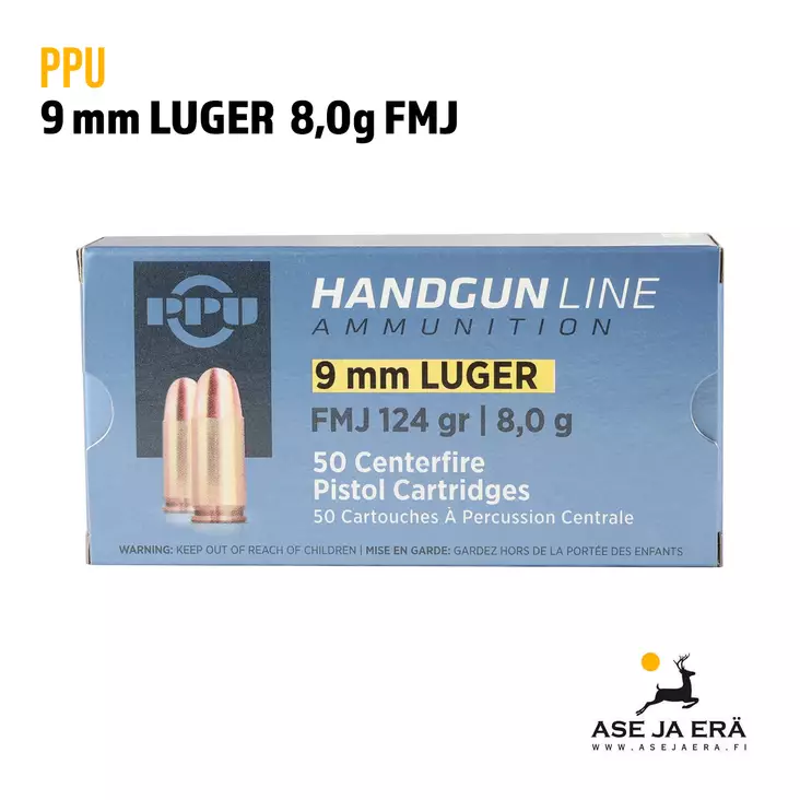 PPU 9 mm Luger FMJ 8,0g pistoolipatruuna - 9mm pistoolin patruunat - 8605003813262 - 1
