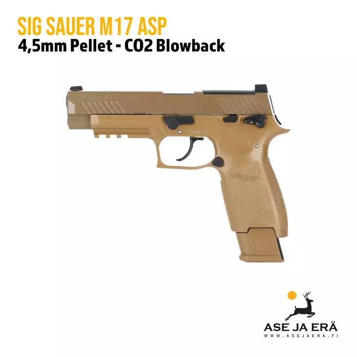 SIG Sauer M17 ASP 4,5 mm CO2 Blowback ilmapistooli, Hiekka/FDE - yleiskuva vasemmalta sivusta - Ilma-aseluoti ilmapistoolit - 798681587902 - 1