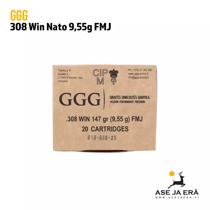308 GGG Nato 9,55g FMJ kivääripatruuna - 308 kaliiperi - 4779032300193 - 5