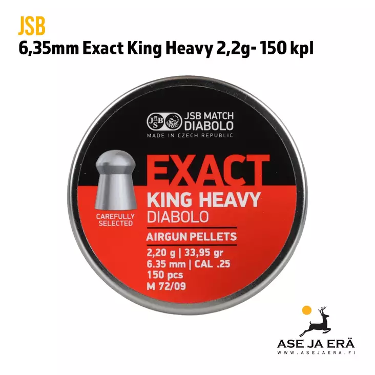 6,35mm JSB Exact King Heavy 2,2g Ilmakivääriluoti 150 kpl - yleiskuva rasian kannesta - 6,35 mm luodit - 8594180450783 - 2