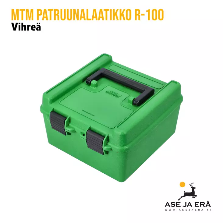 MTM R-100 patruunalaatikko, Vihreä - yleiskuva etuviistosta, kansi kiinni - Kiväärin patruunoille - 026057219103 - 1