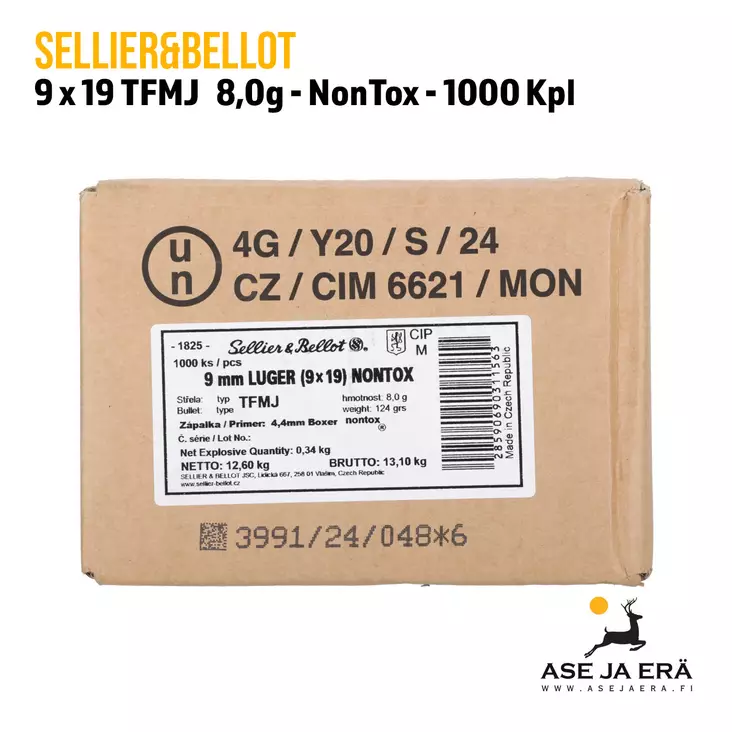 S&B 9 mm Luger TFMJ 8,0g NonTox 1000 - 9mm pistoolin patruunat - 28590690311563 - 1