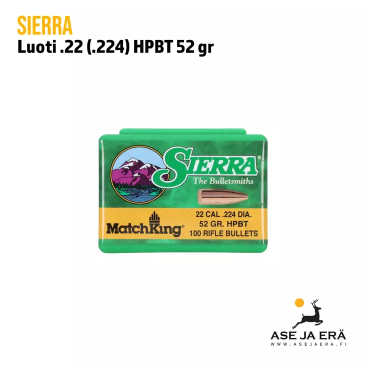 Sierra .22 52 gr HPBT MatchKing luoti - yleiskuva rasiasta - .22 luodit - 092763014103 - 1