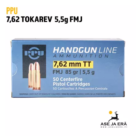 PPU 7,62 Tokarev FMJ 5,5g Pistoolinpatruuna - Muut pistoolinpatruunat - 8605003813194 - 2