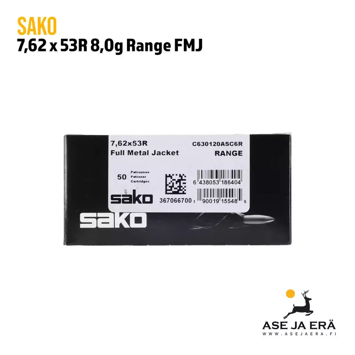 7,62x53R Sako Range 8g FMJ kiväärinpatruuna - 7,62x53R kaliiperi - 6438053186404 - 1