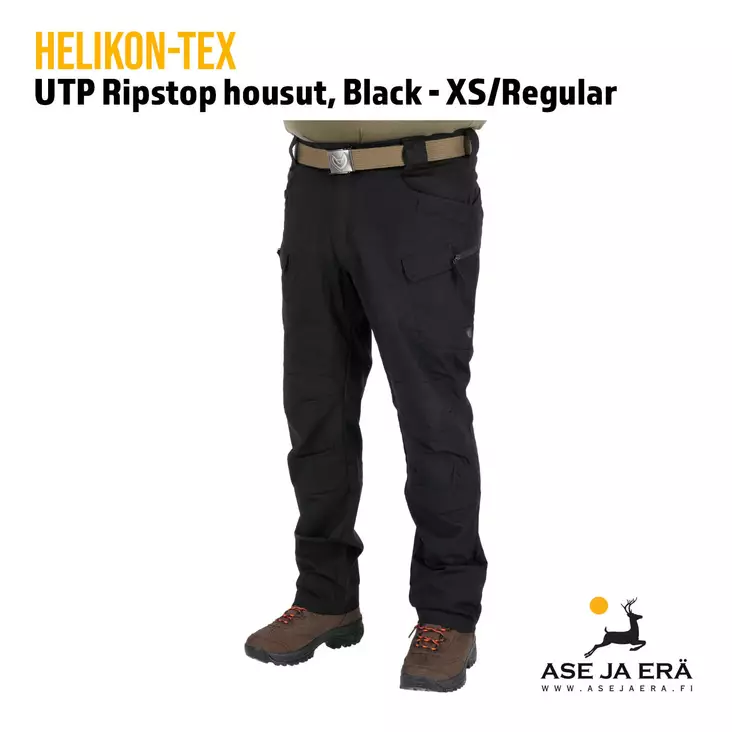 Helikon-Tex UTP PolyCotton Stretch Ripstop housut, Black - XS/Regular - yleiskuva housuista mallin päällä - Housut - 5902688980924 - 1