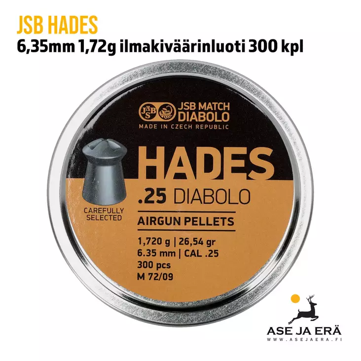 6,35mm JSB Hades 1,72g ilmakiväärinluoti 300 kpl - yleiskuva rasian kannesta - 6,35 mm luodit - 8594180451094 - 1
