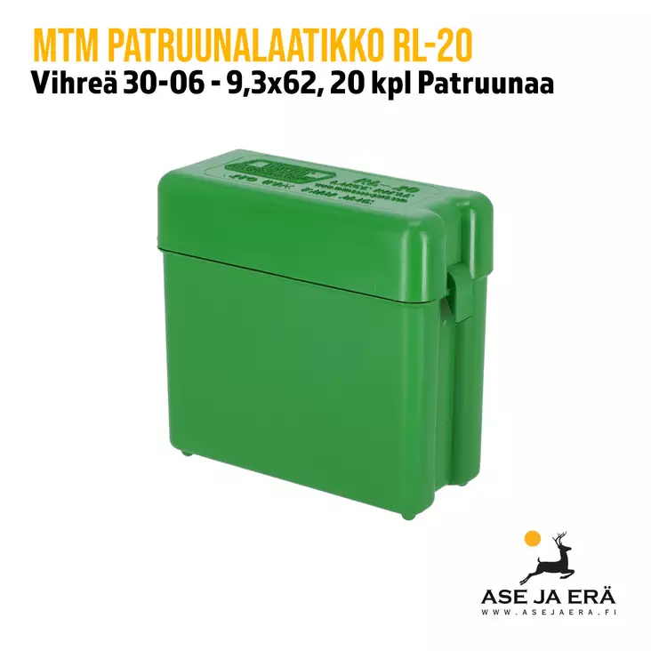 MTM Flip-Top Belt-Style RL-20 patruunalaatikko 30-06, 300, 45-70 - Kiväärin patruunoille - 026057209104 - 1