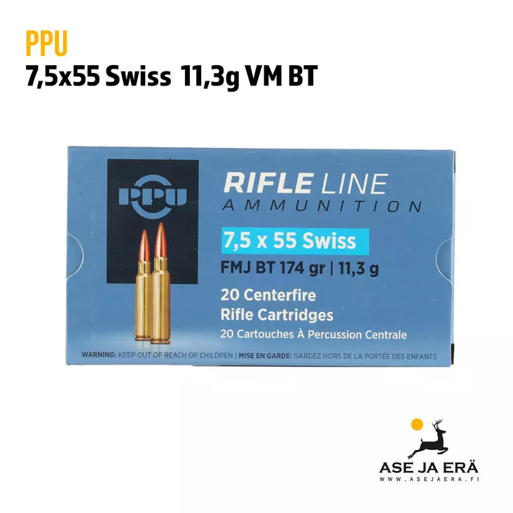 PPU 7,5x55 Swiss FMJ BT 11,3g kiväärinpatruuna - Muut kaliiperit - 8605003812814 - 1