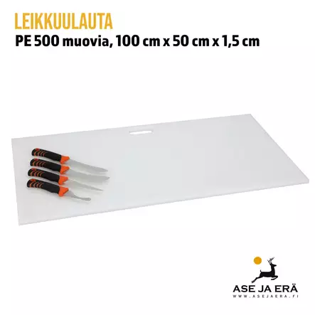 Leikkuulauta PE500 muovia valkoinen 100x50x1,5 cm, 1 kpl -kontekstikuva, leikkuuveitsiä laudalla - Riistan valmistus - levy - 7