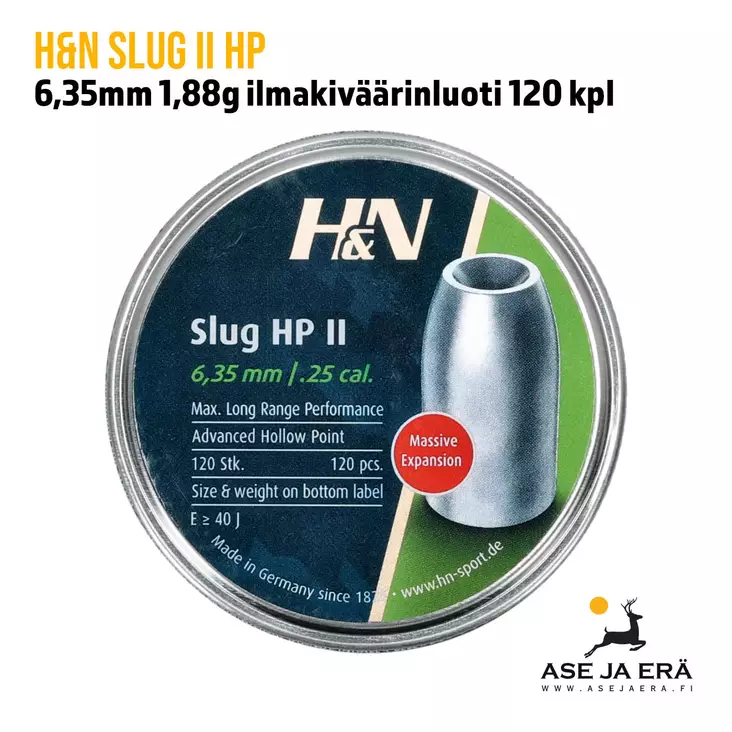 6,35mm H&N Slug II HP 1,88g ilmakiväärinluoti 120 kpl - yleiskuva rasiasta
6,35mm H&N Slug II HP 1,88g ilmakiväärinluoti 120 kpl - kansi avattuna luodit näkyvissä
6,35mm H&N Slug II HP 1,88g ilmakivä - 6,35 mm luodit - 4047058022925 - 1