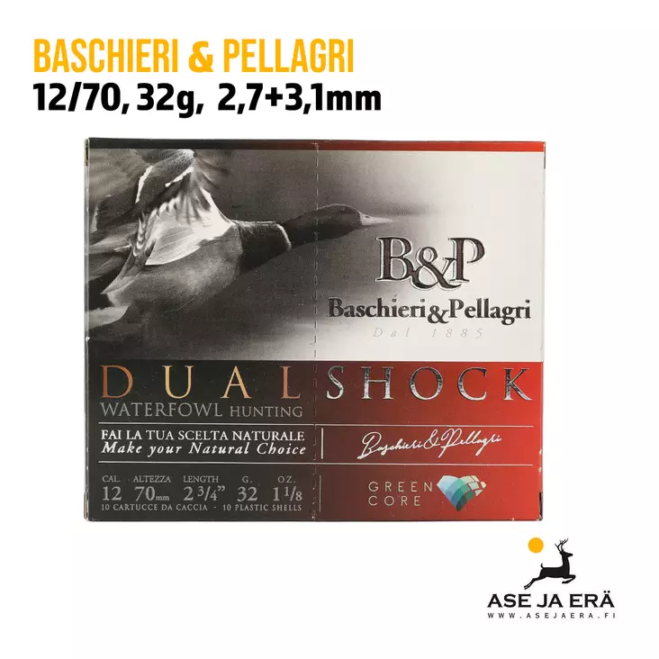 B&P Dual Shock 12/70 32g 2,7+3,1 mm haulikonpatruunaa - Lyijyttömät patruunat - 8057502100815 - 1