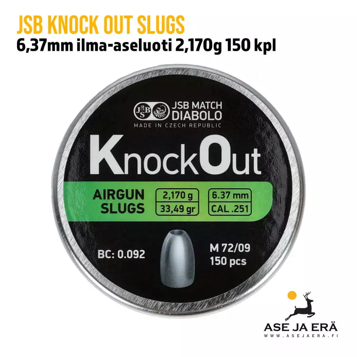 JSB Knock Out Slugs 6,37mm ilma-aseluoti 2,170g 150 kpl - rasia edestä
 - 6,35 mm luodit - 8594180451155 - 1