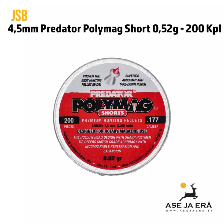 JSB Predator Polymag Short 4,50 mm ilmakivääriluoti 0,52g - 4,5 mm ilmakivääriluodit - 8594180450745 - 5