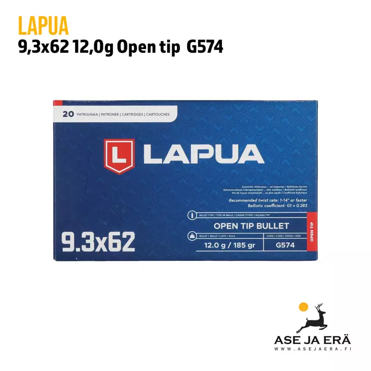 Lapua 9,3x62 12,0g G574 Open Tip Kiväärin Patruuna - 9,3x62 kaliiperi - 6418267103855 - 1