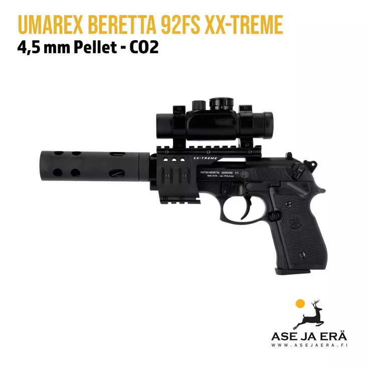 Umarex Beretta 92FS XX-treme CO2 ilmapistooli punapistetähtäimellä - Yleiskuva tähtäin ja suujarru paikoillaan - Ilma-aseluoti ilmapistoolit - 4000844388025 - 2