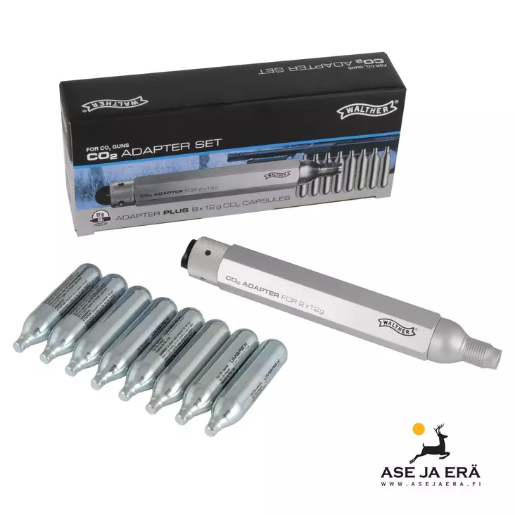 Walther CO2 adapterisetti + 8 x 12 g Co2 kapseli - Co2 kaasupatruunat - 4000844320315 - 2