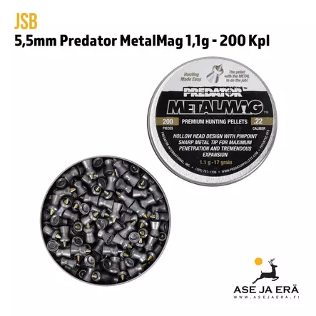5,5mm JSB Predator MetalMag 1,1g 200 kpl - Rasia avoinna - 5,5 mm luodit - 8594180450776 - 3