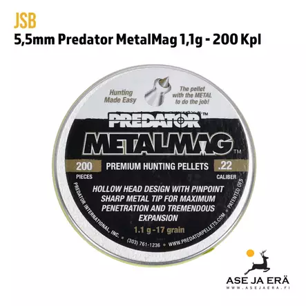 5,5mm JSB Predator MetalMag 1,1g 200 kpl - Yleiskuva - 5,5 mm luodit - 8594180450776 - 2