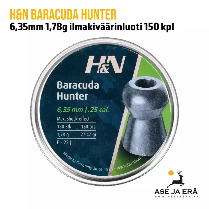 H&N Baracuda Hunter 6,35mm 1,78g ilmakiväärinluoti 150 kpl - yleiskuva rasian kannesta - 6,35 mm luodit - 4047058019536 - 1